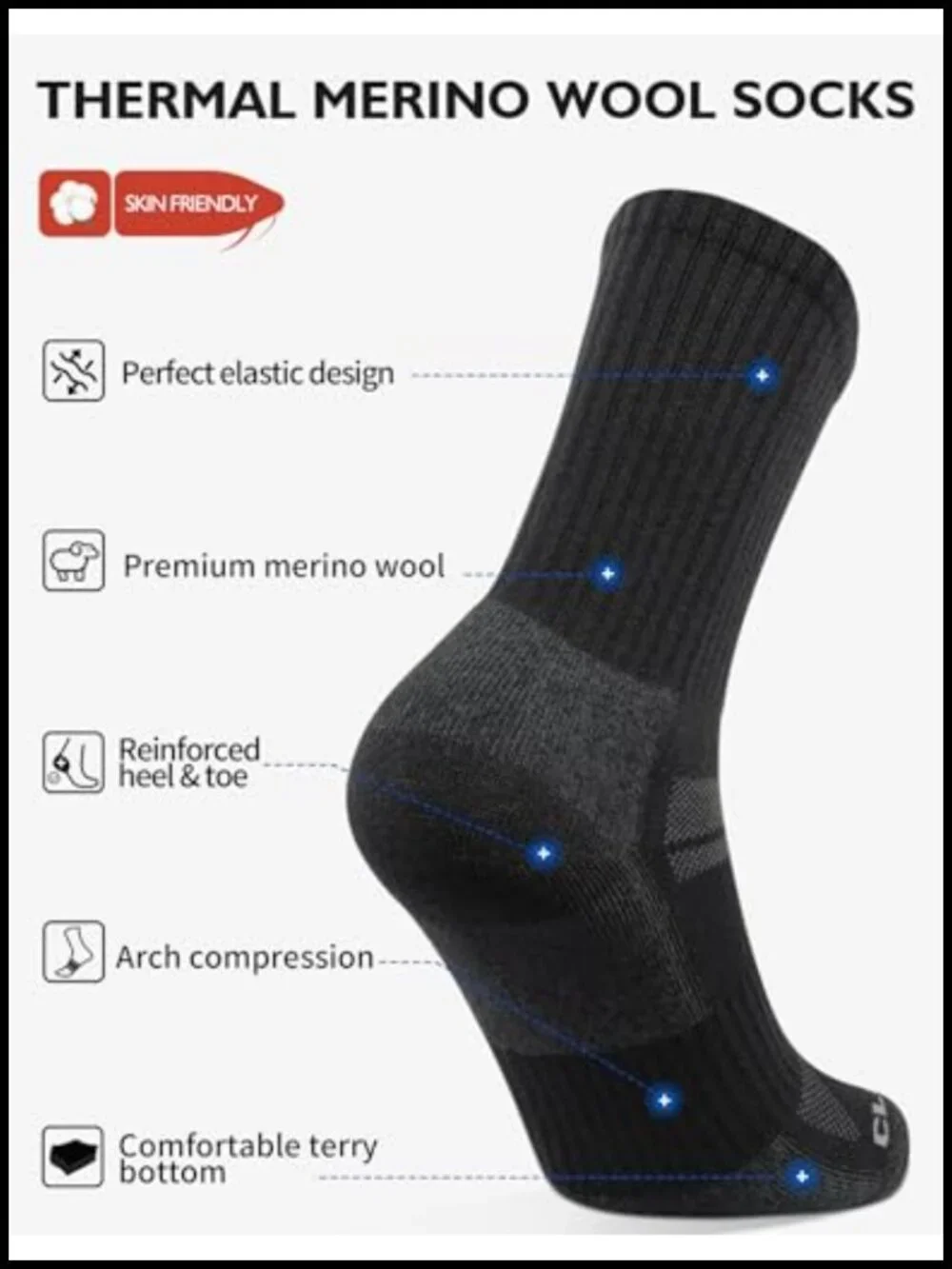 Men's Merino Wool Thermal Crew Socks 3-Pack Cushioned Arch Support Hiking